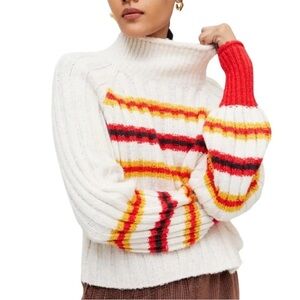 BDG Urban Outfitters Josie Striped Turtleneck Sweater XS Ivory Red Yellow